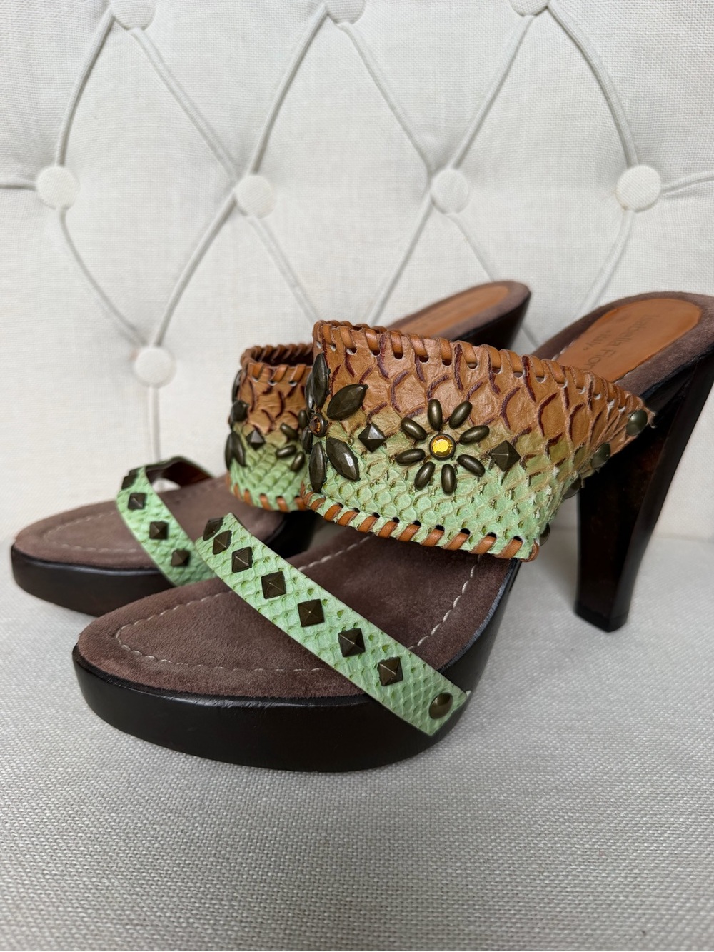 Y2K Green and Tan Embossed Leather heeled sandals